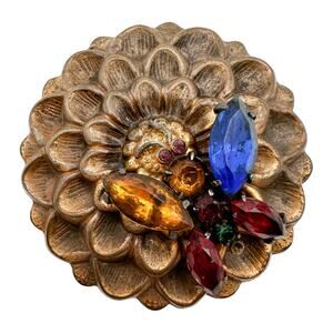 Gold Tone Floral Butterfly Brooch Likely Czech Art Glass Multi-Color c 1930s-40s